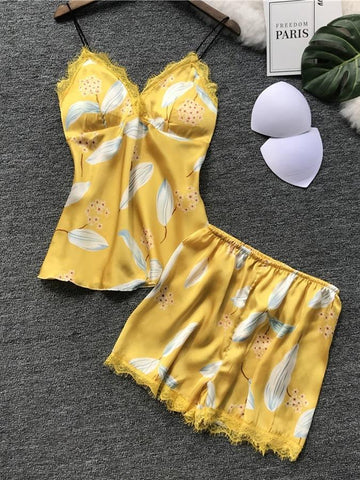 Ericdress Floral Print Satin Pajama Camisole Short Sets Nightwear img 1