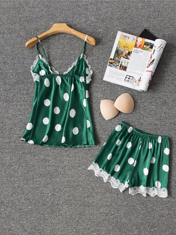 Ericdress Lace Polka Dots Satin Pajama Suit Camisole Short Sets img 1